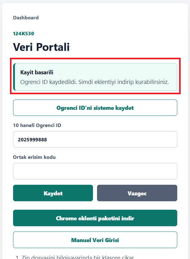 Kayit basarili mesajinin goruntusu
