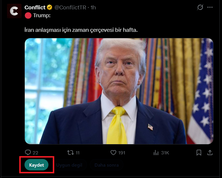 X uzerinde tweet yaninda Kaydet dugmesi